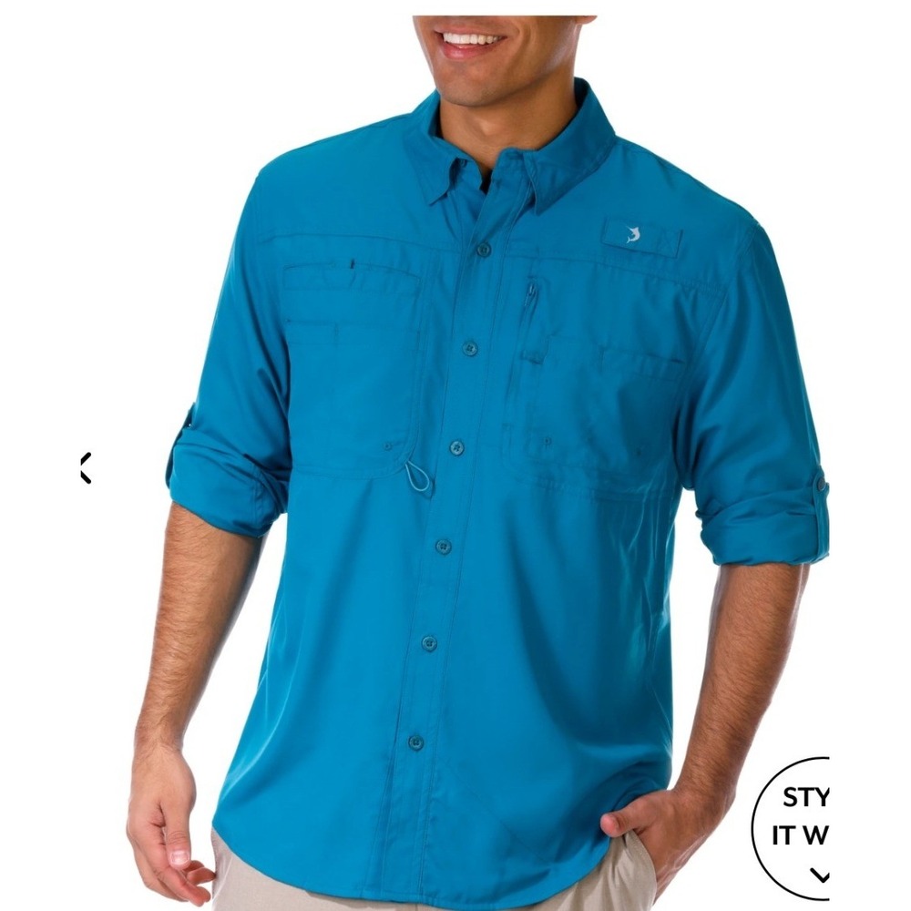 Reel Legends Mens Saltwater Fishing Shirt Ocean Depth Blue UPF 50 Roll Tab Small